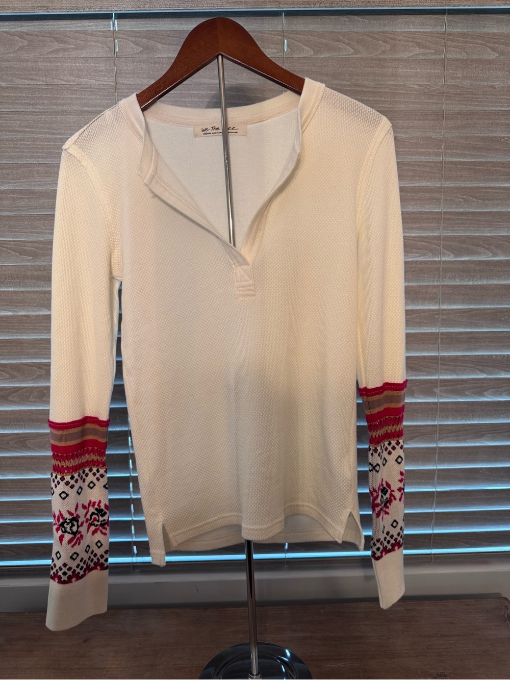 We The Free Cream Thermal Henley with Pink & Red Fair Isle Cuffs